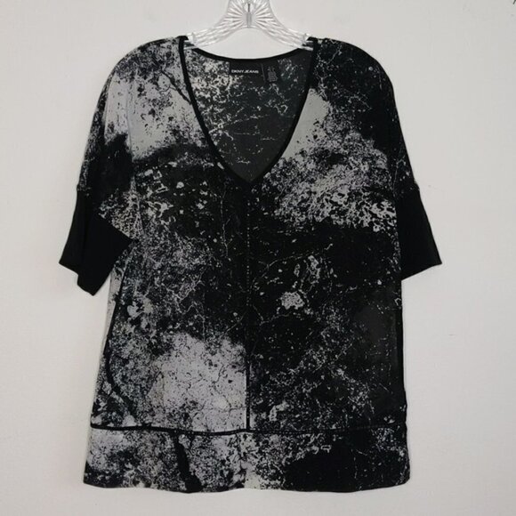 DKNY Black and White Short Sleeve Blouse - Picture 1 of 4